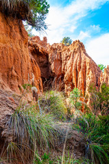 High red clay rocks and cliffs washed by winter rains and surface water flows. Clay quarry, mines...