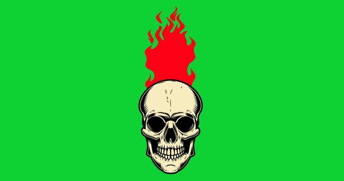Animation of burning human skull with fire isolated on green background.