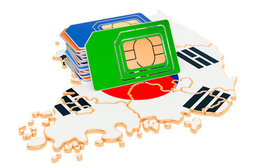 Sim cards on the South Korean map. Mobile communications, roaming in South Korea, concept. 3D rendering