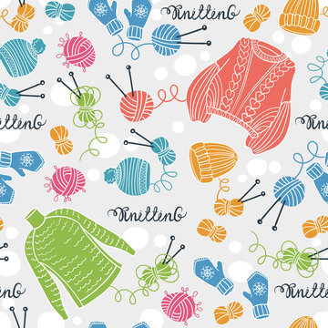 Vector seamless pattern with colored sweaters, hats, mittens, balls of yarn and knitting needles. Background on the theme of hobby and knitting