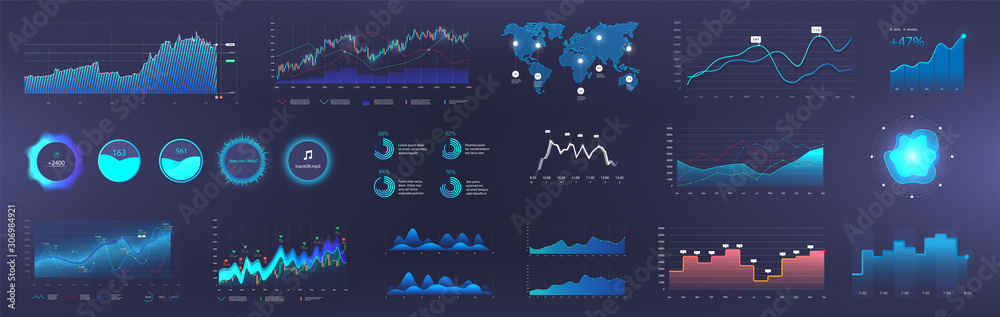 Poster Dashboard Infographic template with info charts, diagrams elements, online statistics and data analytics. Information panel Mockup. UI, UX, KIT elements design. Vector graphics and infographics set.