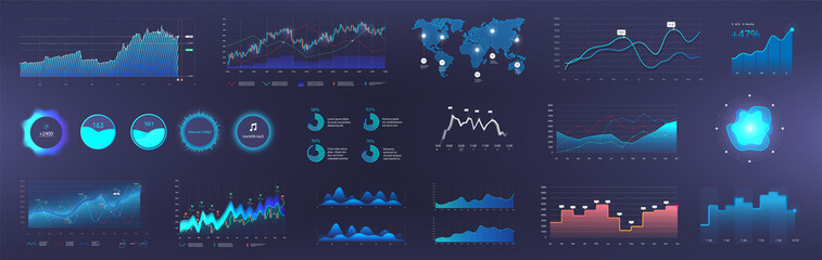Dashboard Infographic template with info charts, diagrams elements, online statistics and data analytics. Information panel Mockup. UI, UX, KIT elements design. Vector graphics and infographics set.