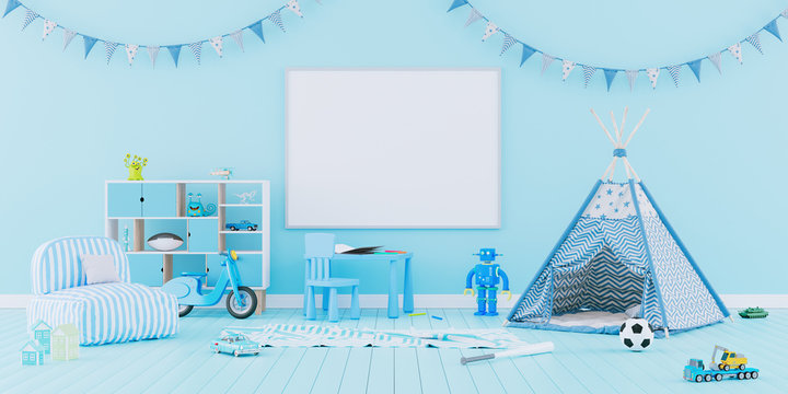 Children's Room Interior Design With Blue Pastel Colors. Little Boys Room. 3d Render 3d Illustration