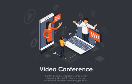 Isometric video conference banner. 2 Men and a woman on the phone and notebook holds a video conference. People listen to the lecturer.