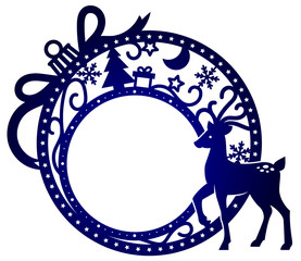 Laser cutting template. Christmas ball with a deer in winter magic forest. Silhouette. Christmas design for photo frame. Decor for home. Vector illustration for wood carving, paper cut or printing.