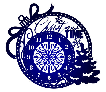 Laser cutting template. Christmas ball with a deer in winter forest. Dial with arabic numerals. Silhouette of clock on white background. Christmas design. Decor for home. Vector watch for wood carving