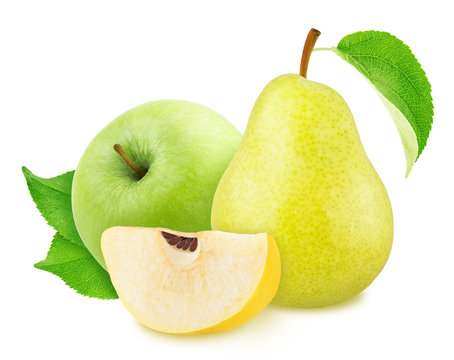Composite image with apple, quince and pear isolated on a white background.