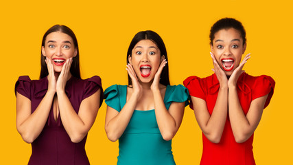 Three Diverse Girls Shouting Standing Over Yellow Background, Panorama