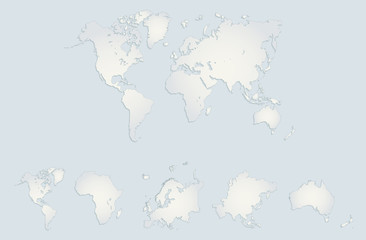 World continents map, collection America, Europe, Africa, Asia, Australia, blue white paper blank