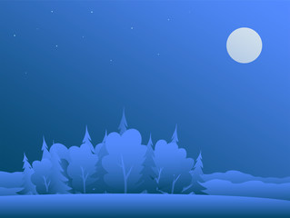 Winter night forest in the snow. Dark blue sky with a full moon and stars. Vector flat illustration for background.
