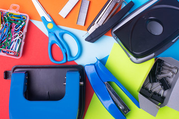Variety of business office supplies. View from above.