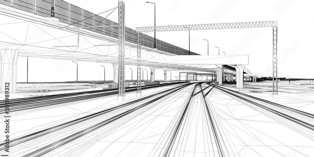 Wall mural the bim model of the railway infrastructure of wireframe view