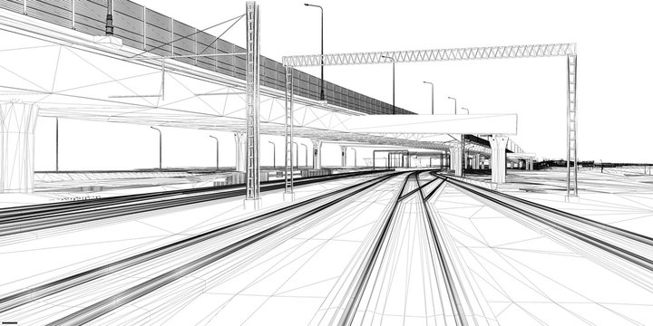 The BIM model of the railway Infrastructure of wireframe view	