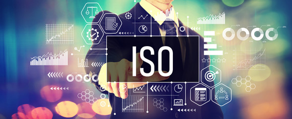 ISO concept with a businessman on a shiny background