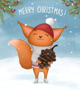 Cheerful squirrel with a fir cone wishes merry Christmas