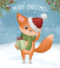 Little fox with christmas present in its paws