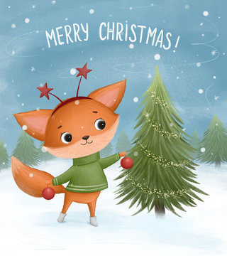 Little fox decorates a Christmas tree