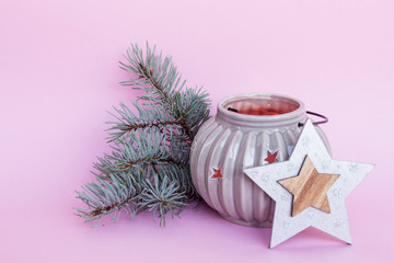 Christmas and New Year composition. Flashlight, Christmas tree branch, star. Christmas and New Year meeting concept. Place for text.