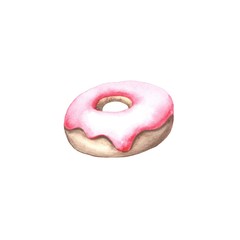Watercolor pink donut with glaze on white background 