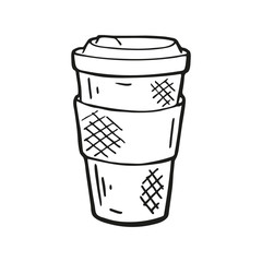 Single hand drawn coffee takeaway cup. In doodle style, black outline isolated on a white background. Cute element for card, social media banner, stickers. Vector illustration