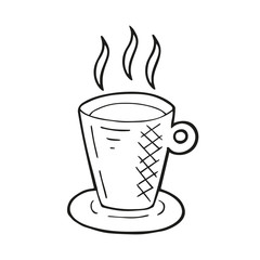 Single hand drawn coffee cup. In doodle style, black outline isolated on a white background. Cute element for card, social media banner, stickers. Vector illustration