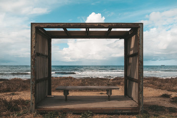 Bench with view at mediterranean sea in Paphos, Cyprus.