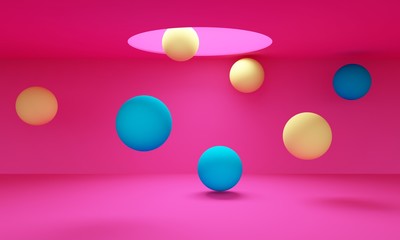 Pink abstract background with blue and yellow balloons. Backdrop design for product promotion. 3d rendering