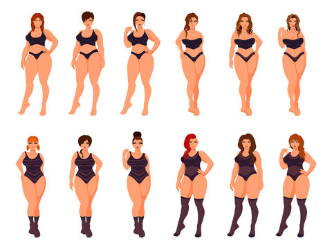 Plus size women models in underwear. Vector illustration.