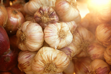 Hanging Garlic Bulbs and Red Onions