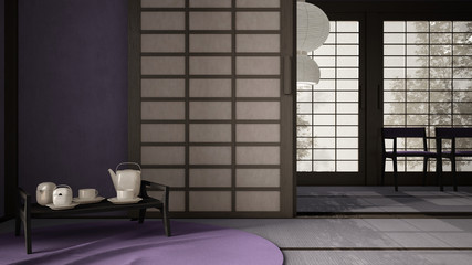 Eastern interior design, open space, purple empty room, futon, tatami, wooden roof, rice paper door, traditional tearoom, carpet, tray with tea set, chairs and classic pendant lamp