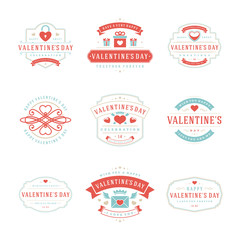 Happy valentines day greetings cards and badges typography design with decoration symbols vector design elements set