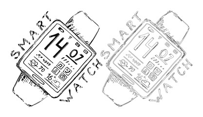 Smartwatch outline illustration. Wristwatch display design with apps, time, steps, weather, pulse, email, SMS, wifi icons.