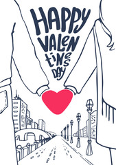Valentine's Day greeting card. Couple holding hands. Heart-shaped mitten. 14 February concept.  