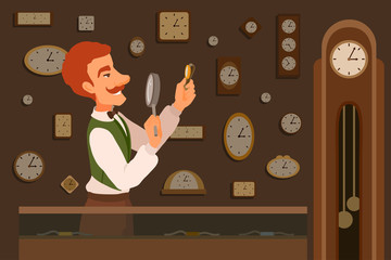 An elegant watchmaker holding a wristwatch, evaluates them through a magnifying glass, smiling. 