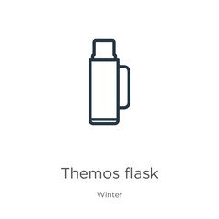 Themos flask icon. Thin linear themos flask outline icon isolated on white background from winter collection. Line vector themos flask sign, symbol for web and mobile