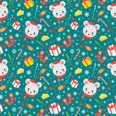 Fototapeta premium Cute christmas seamless pattern with little mouse, candy and snowflakes. Vector