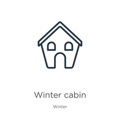 Winter cabin icon. Thin linear winter cabin outline icon isolated on white background from winter collection. Line vector winter cabin sign, symbol for web and mobile