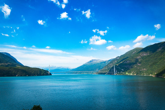 Hardanger Bridge. Hardangerbrua connecting two sides of Hardangerfjorden. Norway Hardangerfjord Hardanger bridge. newly built Hardangerbrua bridge close to Ulvik in Western Norway
