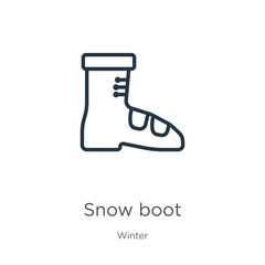 Snow boot icon. Thin linear snow boot outline icon isolated on white background from winter collection. Line vector snow boot sign, symbol for web and mobile