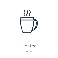 Hot tea icon. Thin linear hot tea outline icon isolated on white background from winter collection. Line vector hot tea sign, symbol for web and mobile