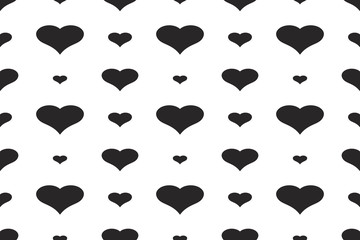 Black hearts vector shapes on a white background. Abstract seamless love wallpaper.