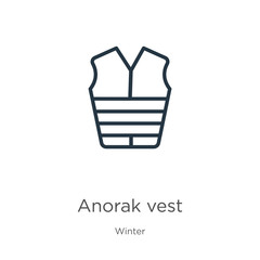 Anorak vest icon. Thin linear anorak vest outline icon isolated on white background from winter collection. Line vector anorak vest sign, symbol for web and mobile