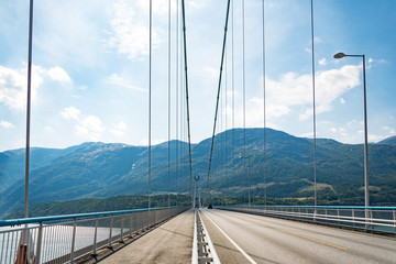 Hardanger Bridge. Hardangerbrua connecting two sides of Hardangerfjorden. Norway Hardangerfjord Hardanger bridge. newly built Hardangerbrua bridge close to Ulvik in Western Norway