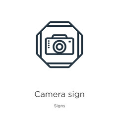 Camera sign icon. Thin linear camera sign outline icon isolated on white background from signs collection. Line vector camera sign sign, symbol for web and mobile