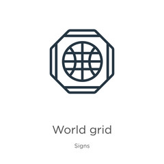 World grid icon. Thin linear world grid outline icon isolated on white background from signs collection. Line vector world grid sign, symbol for web and mobile