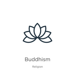 Buddhism icon. Thin linear buddhism outline icon isolated on white background from religion collection. Line vector buddhism sign, symbol for web and mobile