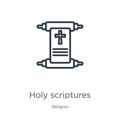 Holy scriptures icon. Thin linear holy scriptures outline icon isolated on white background from religion collection. Line vector holy scriptures sign, symbol for web and mobile