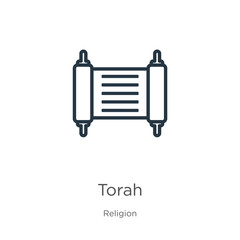 Torah icon. Thin linear torah outline icon isolated on white background from religion collection. Line vector torah sign, symbol for web and mobile