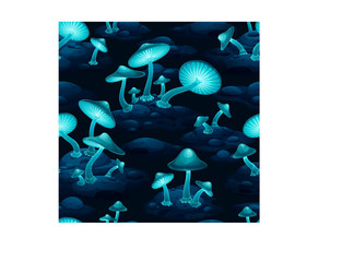 Seamless vector pattern of fantastic glowing blue glow of mushrooms in the dark.