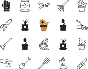 gardening vector icon set such as: linear, plastic, water, nitrogen, pipe, trimming, mower, machine, secateurs, accessory, trimmer, working, ecological, finger, pruners, bag, stem, pictogram, pitch